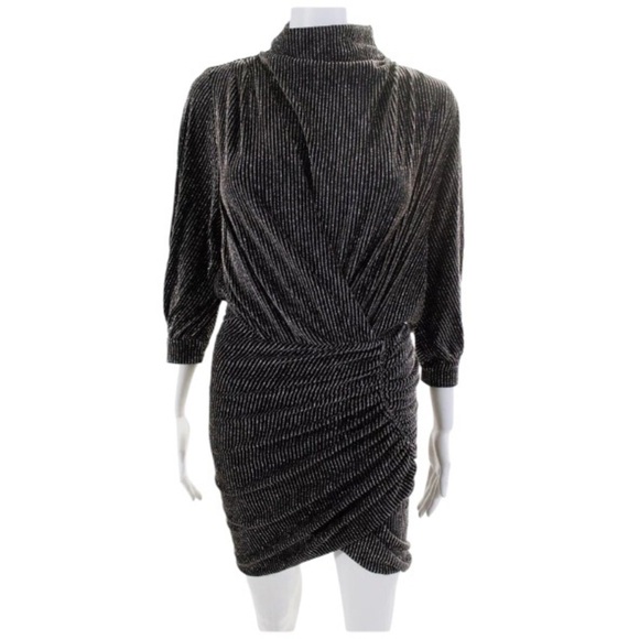 IRO Absalon Cocktail Dress Size 34 US 2 Black Metallic Silver Striped Ruch Mini